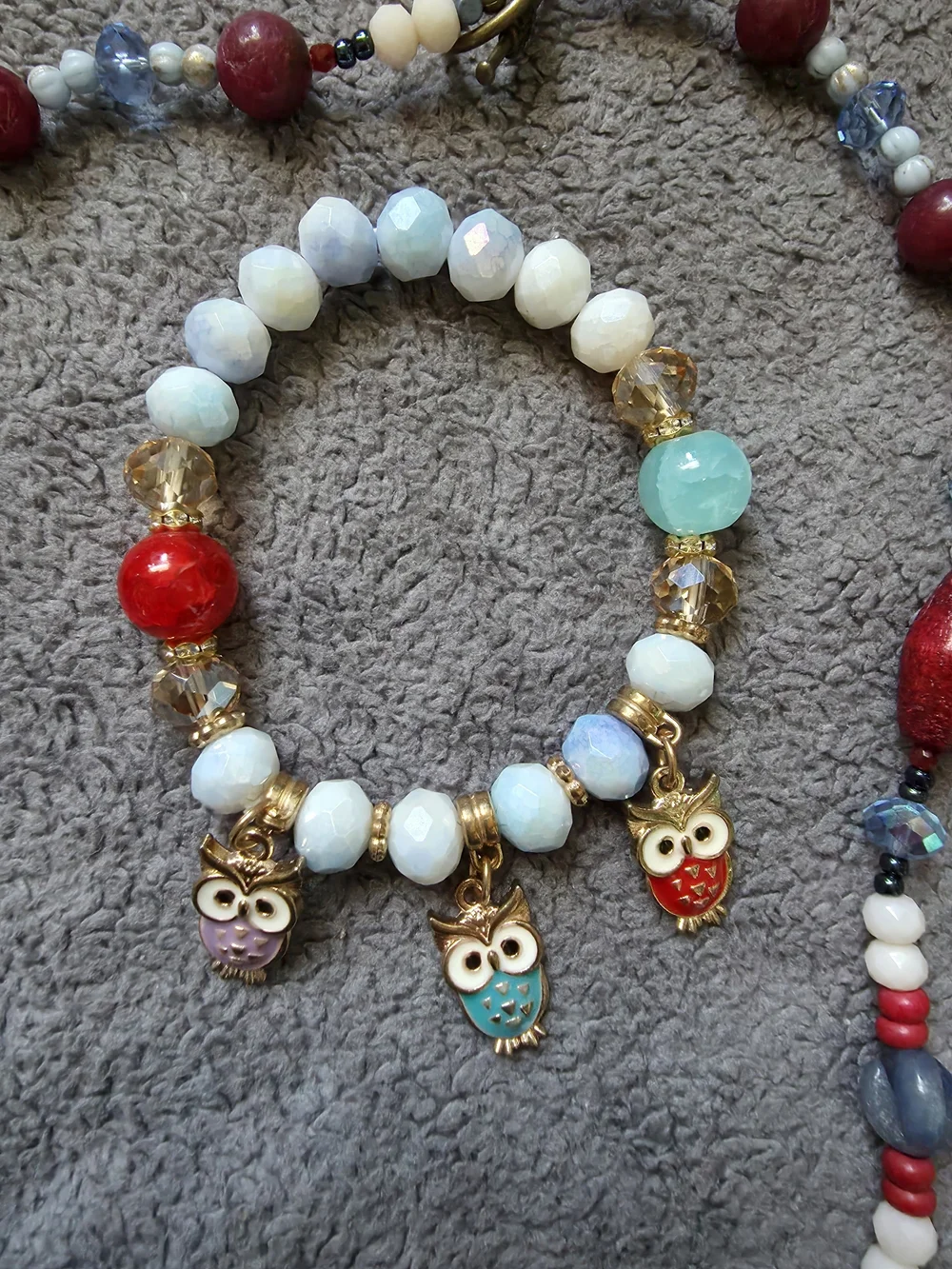 Blue Stone & Red, White Bead Necklace & Owl Charm Bracelet Set